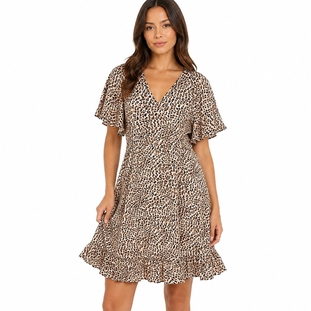 Karen Millen Leopard Print Linen Viscose Ruffle Hem Flutter Sleeve Dress US 16
